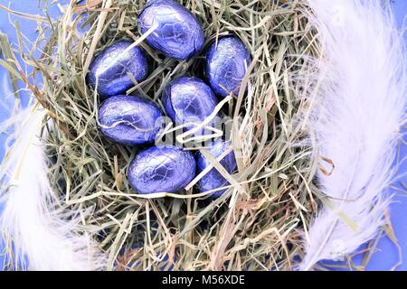Eine Reihe von glänzenden Ostern Schokolade Eier, in Lila farbige Folie umwickelt. Kreative Ostern Konzept mit einem Nest aus Heu und weißen Federn. Ansicht von oben Stockfoto