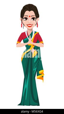 Indisches Mädchen stehend mit gefalteten Händen. Happy Pongal Grußkarte. Makar Sankranti. Vector Illustration auf weißem Hintergrund. Stock Vektor