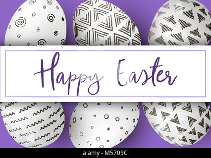 Frohe Ostern Streifen mit Text. Weiße Ostern Eier mit monochromen einfache Dekoration auf lila Hintergrund. Abstrakte Ornamente. Streifen, Muster, Vektor Stock Vektor
