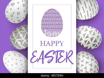 Ostereier in vertikale Linie mit eleganten Ornamenten auf lila Hintergrund. Einfache nordische Ornamente. Frohe Ostern. Hand font Vector Illustration. templa Stock Vektor