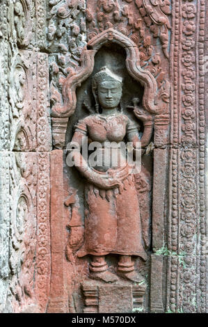 Reliefs an Ta Prohm Dschungel Tempel in Angkor, Kambodscha Stockfoto