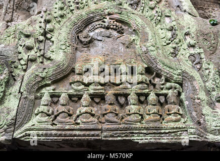 Reliefs an Ta Prohm Dschungel Tempel in Angkor, Kambodscha Stockfoto