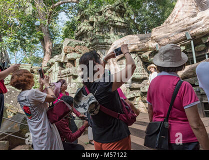 Massen von Touristen fotografieren bei Ta Prohm Dschungel Tempel in Angkor, Kambodscha Stockfoto