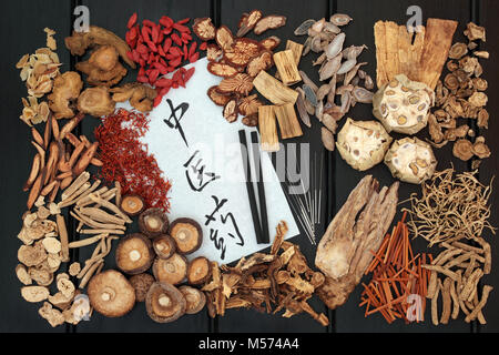 Chinesische Akupunktur Nadeln und moxa Sticks in Moxibustion mit traditionellen Kräutern und Kalligraphie Skript auf Reis papier verwendet. Stockfoto