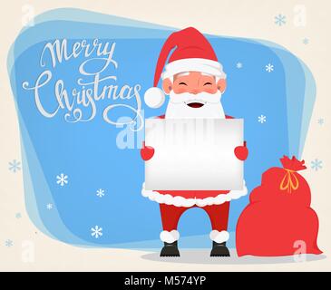 Frohe Weihnachten und einen guten Rutsch ins Neue Jahr Grußkarte mit lächelnden Santa mit leeren Plakat und in der Nähe von Bag mit präsentiert. Lustige cartoon Lrc Stock Vektor