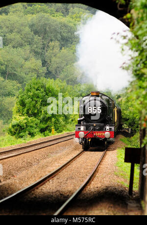 GWR Loco No 5029 Nunney Castle nähert sich mit dem Weymouth Seaside Express dem Aquädukt der Kanäle Kennet und Avon bei Avoncliff, 29.. August 2010. Stockfoto