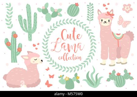 Süße Lama set Objekte. Sammlung Design Elemente mit Llama, Kaktus, schöne Blumen. Auf weissem Hintergrund. Alpaka Prinzessin Charakter. Kinder Baby clipart lustig lächelnd Tier. Vektor. Stock Vektor