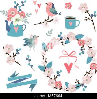 Der Frühling, Ostern oder Hochzeit Symbole, Clip-arts. Blumen, Kirschblüten, Vögel, Blumen, Herzen und Pink Ribbon. Isolierte Vektorobjekte. Stock Vektor