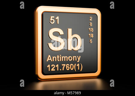 Antimon Sb stibium, chemisches Element. 3D-Rendering auf schwarzem Hintergrund Stockfoto