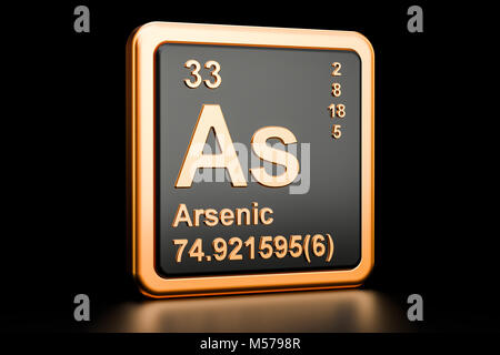 Arsen als, chemisches Element. 3D-Rendering auf schwarzem Hintergrund Stockfoto