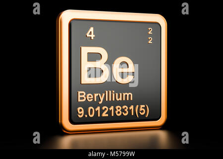 Beryllium, chemisches Element. 3D-Rendering auf schwarzem Hintergrund Stockfoto