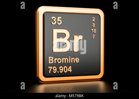 Brom Br, chemisches Element. 3D-Rendering auf schwarzem Hintergrund Stockfoto