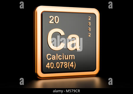 Calcium Ca, chemisches Element. 3D-Rendering auf schwarzem Hintergrund Stockfoto