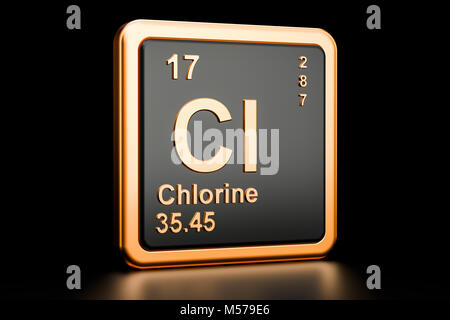 Chlor Cl, chemisches Element. 3D-Rendering auf schwarzem Hintergrund Stockfoto