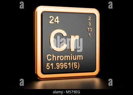 Chrom Cr, chemisches Element. 3D-Rendering auf schwarzem Hintergrund Stockfoto