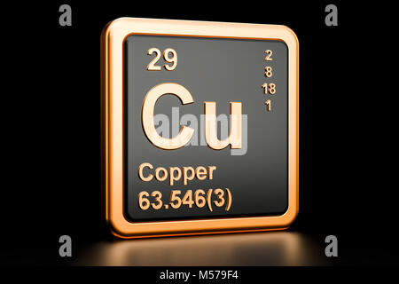 Kupfer Cu, chemisches Element. 3D-Rendering auf schwarzem Hintergrund Stockfoto