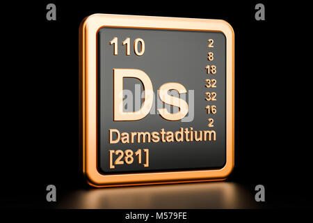 Darmstadtium Ds, chemisches Element. 3D-Rendering auf schwarzem Hintergrund Stockfoto