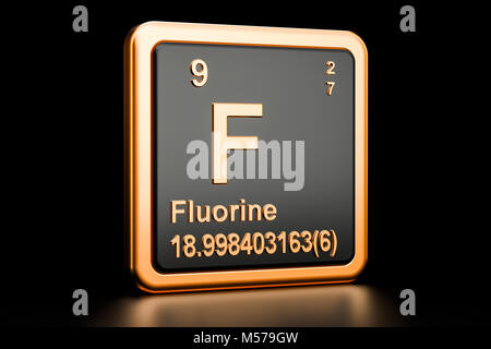 Fluor F, chemisches Element. 3D-Rendering auf schwarzem Hintergrund Stockfoto