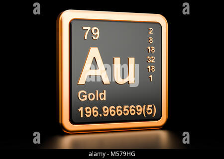 Gold aurum Au, chemisches Element, Zeichen. 3D-Rendering auf schwarzem Hintergrund Stockfoto