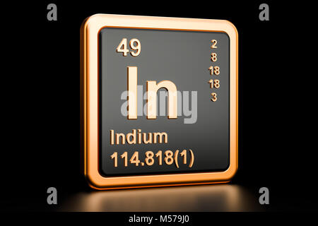 Indium In chemischen Element. 3D-Rendering auf schwarzem Hintergrund Stockfoto