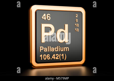 Palladium Pd chemisches Element. 3D-Rendering auf schwarzem Hintergrund Stockfoto