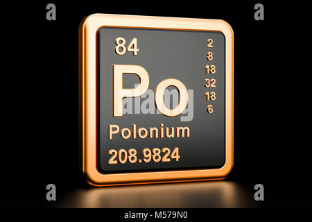 Polonium Po, chemisches Element, Zeichen. 3D-Rendering auf schwarzem Hintergrund Stockfoto