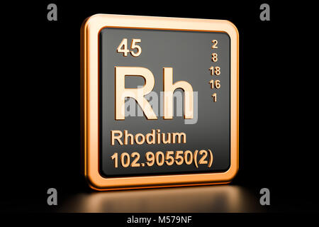 Rhodium Rh chemisches Element, 3D-Rendering auf schwarzem Hintergrund Stockfoto