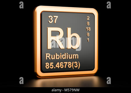 Rubidium Rb, chemisches Element. 3D-Rendering auf schwarzem Hintergrund Stockfoto