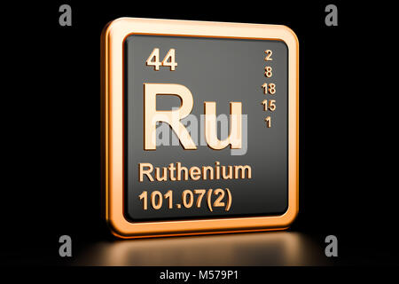 Ruthenium Ru chemisches Element. 3D-Rendering auf schwarzem Hintergrund Stockfoto