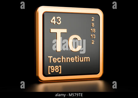 Technetium Tc chemisches Element. 3D-Rendering auf schwarzem Hintergrund Stockfoto