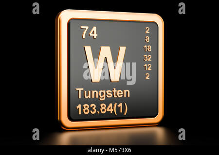 Tungsten W, Wolfram chemisches Element. 3D-Rendering auf schwarzem Hintergrund Stockfoto