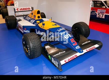 Nigel Mansell's 1992 Williams FW 14B Formel 1-Wagen, in dem er die Meisterschaft gewann, auf der Anzeige am 2018 London Classic Car Show Stockfoto