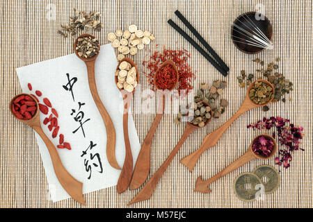Traditionelle chinesische Kräuter, Akupunkturnadeln, moxa Sticks verwendet moxibustion Therapie, Feng Shui Münzen und calligrapgy Skript auf Reispapier auf Bambus. Stockfoto