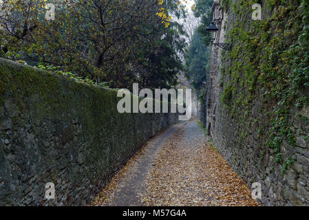 Enge neblige Straße unter den alten Ruinen mit Herbst Blätter auf einer Straße in der Stadt Bergamo, Italien Stockfoto