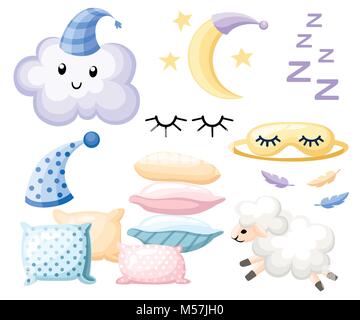 Satz von Objekten für Schlaf Kappe für Dream Kissen in verschiedenen Farben Lamm Wolke mond Bandagen für Augen auf weißem Hintergrund Vector Illustration Web site Seite Stock Vektor