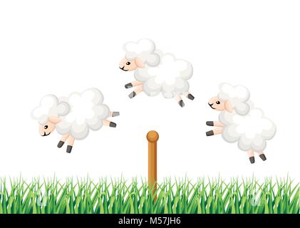 Drei Schafe über den Zaun schlafen Zeit zählen Schafe unter Schlaflosigkeit springen auf weißem Hintergrund mit dem Gras Vector Illustration Webseite und mobile Stock Vektor