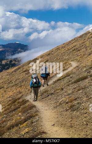 Wanderer auf Grand Pass Trail in der Nähe von Obstruction Point ausgesetzt ist, und offen, während einer Rucksacktour in Grand Valley in Olympic National Pa fotografiert. Stockfoto