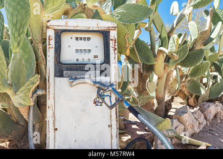 Alte Kraftstoffpumpe in Namibia Wüste mit Kakteen Stockfoto