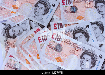 Britische zehn Pfund Papier Notizen, die aus dem Verkehr am 1. März 2018, UK Währung Stockfoto