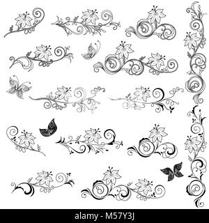 Satz von ornamentalen Gestaltungselementen mit Blättern, Blüten und Schmetterlinge, Vector Illustration Stock Vektor