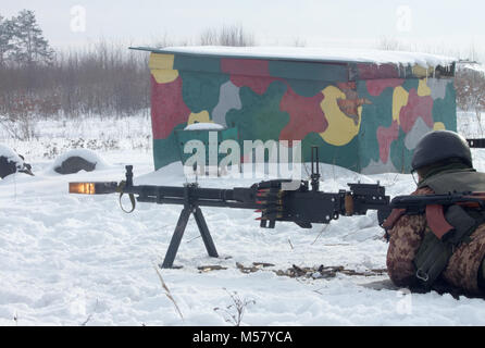 Yavoriv, Ukraine - eine ukrainische Soldaten des 3.BATAILLON zugeordnet, 14 mechanisierte Brigade betreibt ein Maschinengewehr in der DshK Yavoriv Combat Training Center (CTC) hier Feb 16. Derzeit 3-14 Th ist Abschluss einer Ausbildung Rotation an der CTC, wo sie von den US-amerikanischen, kanadischen, Litauisch, Polnisch betreut wird, und Großbritannien service Mitglieder, wie sie bei der Erreichung ihrer Ziel der NATO-Interoperabilität bemühen. (U.S. Armee Foto von Sgt. Alexander Rektor) Stockfoto