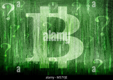 Darstellung der bitcoin Symbol gebildet durch Buchstaben in Kaskade fallen auf einem Bildschirm zusammen mit Fragezeichen, die angezeigt werden, sekundär. Stockfoto