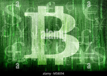 Darstellung der bitcoin Symbol durch Buchstaben in Kaskade fallen auf einem Bildschirm zusammen mit den Symbolen anderer Währungen erscheinen Sek gebildet Stockfoto