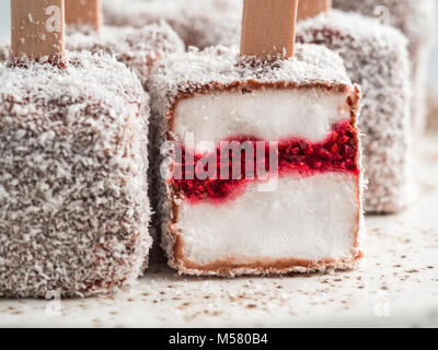 Hausgemachte raw lamington Eis springt auf hellen Hintergrund. Australische süße Nachspeise lamington mit Chia und Himbeeren Marmelade, Schokolade und Kakao. Stockfoto