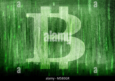 Darstellung der bitcoin Symbol durch Buchstaben in Kaskade fallen auf einem Computerbildschirm gebildet. Stockfoto