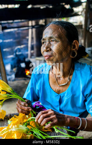 Eine ältere Frau tätowiert Kinn, in einem Dorf flussaufwärts von Mrauk U Stadt. Staat Chin, Myanmar Stockfoto