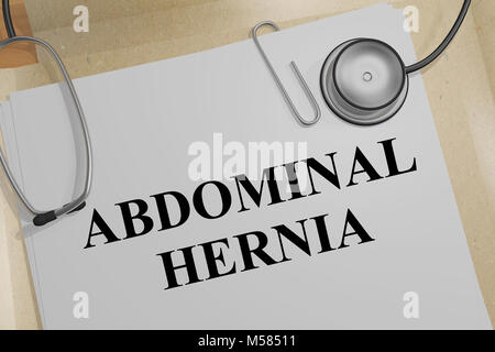 3D-Darstellung der ABDOMINAL HERNIA Titel auf ein medizinisches Dokument Stockfoto