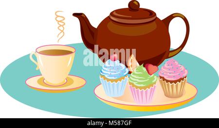 Nachmittags Tee mit Zucker iced Cupcakes und ein heißes erfrischenden Tasse Tee Stock Vektor