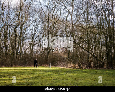 Pat Fawcett Weg durch die Hazel Woods neben dem See zum Bootfahren Komplex auf einem sonnigen Wintertag in Corby, England. Stockfoto