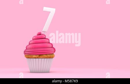 Nummer 7 rosa Geburtstagsfeier Cupcake. 3D-Rendering Stockfoto